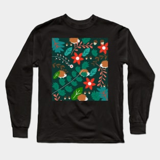 Hedgehogs, flowers and leaves Long Sleeve T-Shirt
